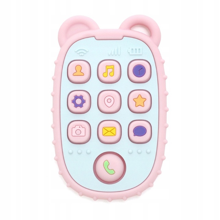 Силиконова играчка за зъби, Gigi Kids, смартфон, за бебета, 3 месеца+, за никнене на зъби, сензорна, розова, хранителен силикон, охлажда се, може да се мие в съдомиялна машина