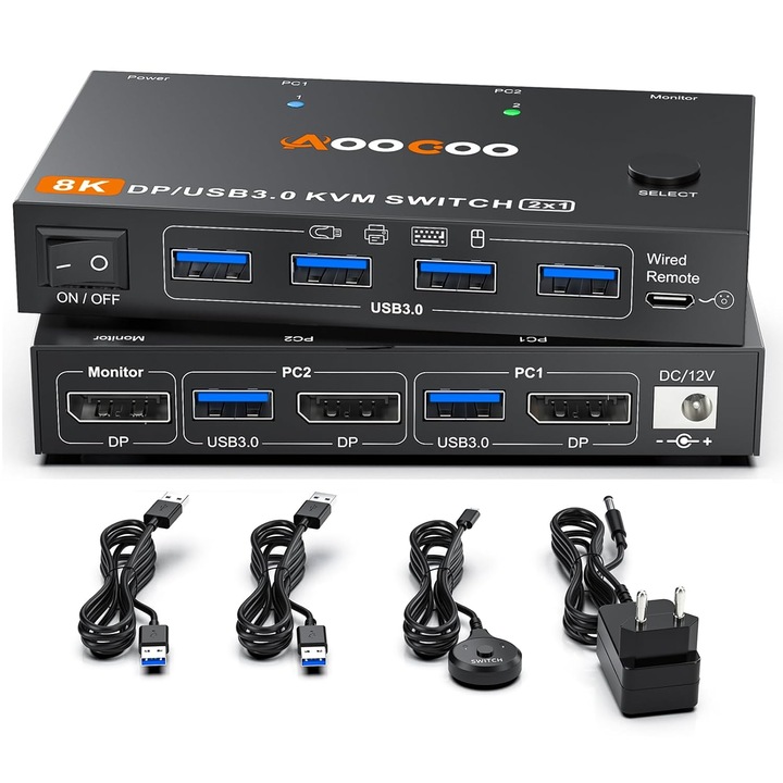 KVM DisplayPort 8K kapcsoló 2 PC 1 monitor USB 3.0