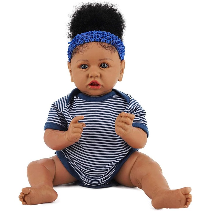 Papusa Reborn 55 cm Fetita Afro-Americana, Par Negru Cret, Corp Moale