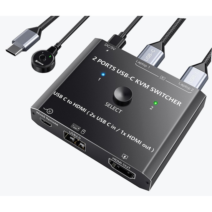 KVM USB-C kapcsoló 2 PC-hez, 1 monitor 4K@60Hz, Monitor, billentyűzet, egér megosztása