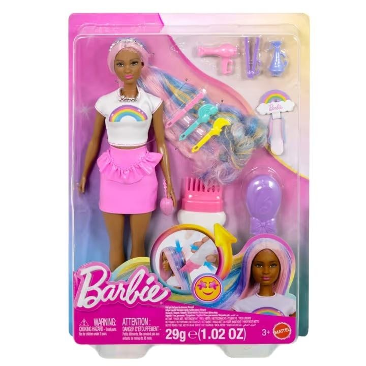 Papusa Barbie Mattel cu par curcubeu stralucitor si accesorii, Multicolor, in cutie de colectie, 803927