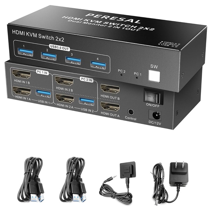 KVM kapcsoló Dual HDMI 4K 60Hz 2 PC-hez, 4 USB 3.0