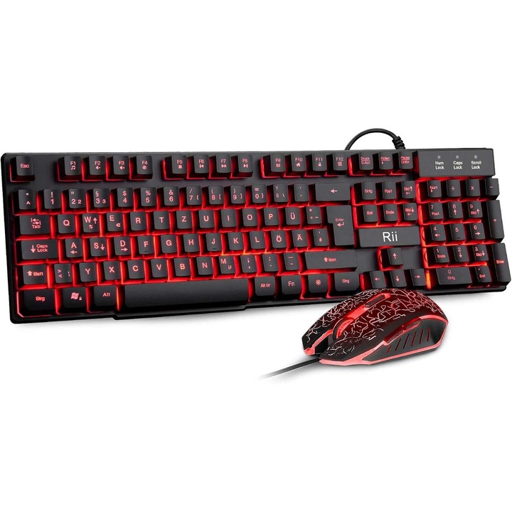 Комплект геймърска клавиатура и мишка Rii Gaming LED, немска подредба, черен