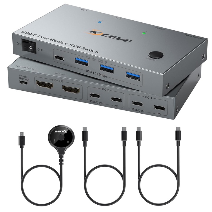 USB-C KVM kapcsoló Kétmonitoros 4K@60Hz 2 Laptophoz