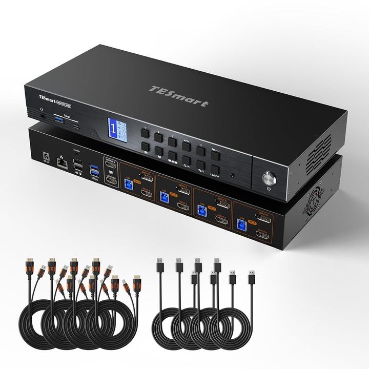 TESmart KVM kapcsoló 4 PC 2 monitor 8K DP HDMI 2.1 USB 3.0 LAN
