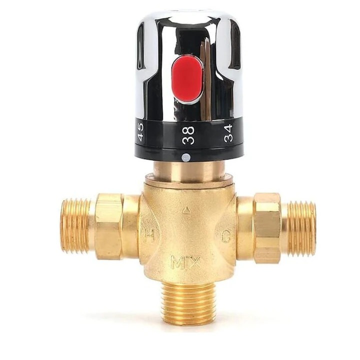 Termosztatikus keverőszelep KP-K0509-2608026-058, állítható 20-60°C, 1/2 NPT, nyomás 0.03-1 MPa, sárgaréz, forrázás elleni védelem, sárgaréz/ezüst