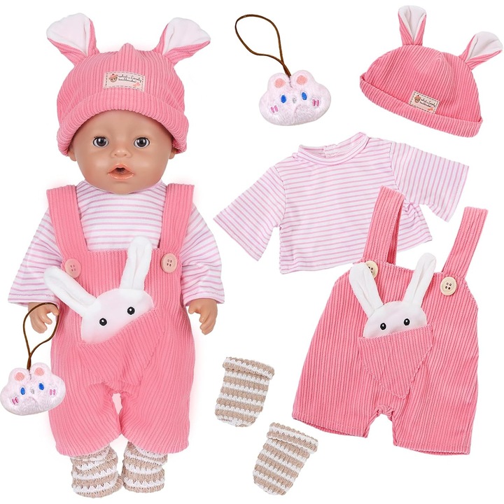Set 5 Groves Papusi 35-43 cm: Costum Iepuras Rosu, Bluza, Palarie
