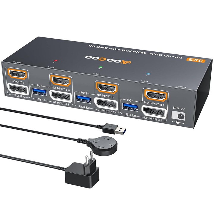 KVM kapcsoló kettős monitorhoz 8K HDMI DP, 3 PC, 4 USB 3.0