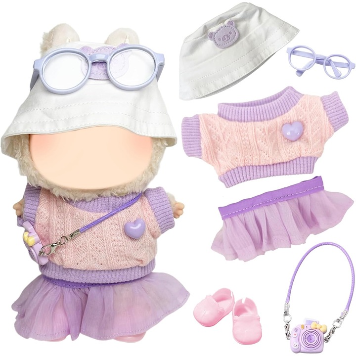 Set 6 Haine Papusi 17 cm: Rochie Tutu, Tricou, Palarie, Ochelari