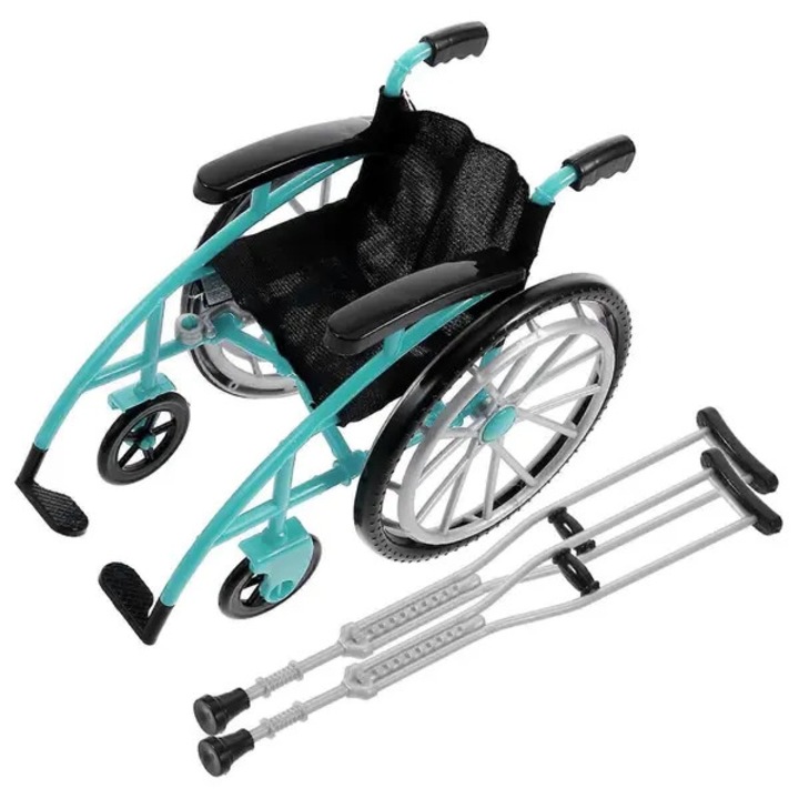 Set scaun cu rotile mini pentru papusi PO-CJ-K0433-26-8-26-0802, scaun pliabil din plastic cu 2 carje, roz, pentru papusi 30 cm