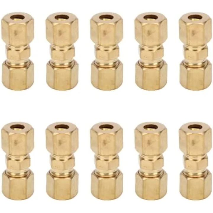 Egyenes kompressziós csatlakozó 1/4 hüvelyk K0582-CJ-260825-1425, tömör sárgaréz, 10 adapter + 20 szorítógyűrű, 2000 PSI, -53°C–121°C, sárgaréz színű