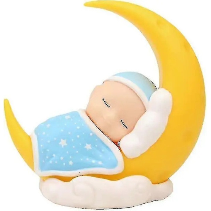 Topper tort PO-CJ-K0433-26-8-26-2111, figurina bebelus dormind pe luna, plastic non-toxic, mini, multicolor, 1 buc.