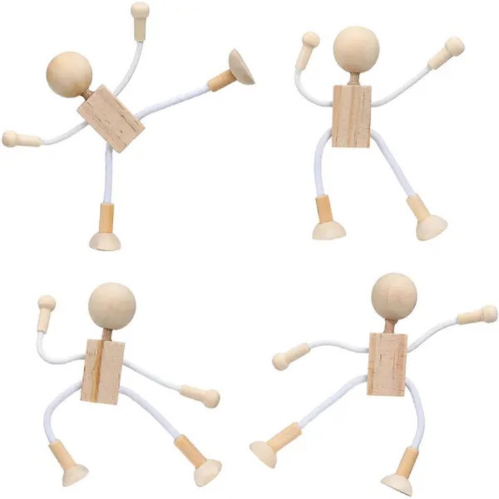 Set 4 figurine din lemn pentru pictat si modelat PO-CJ-K0433-26-8-26-5173, articulat, galben deschis, 12 cm