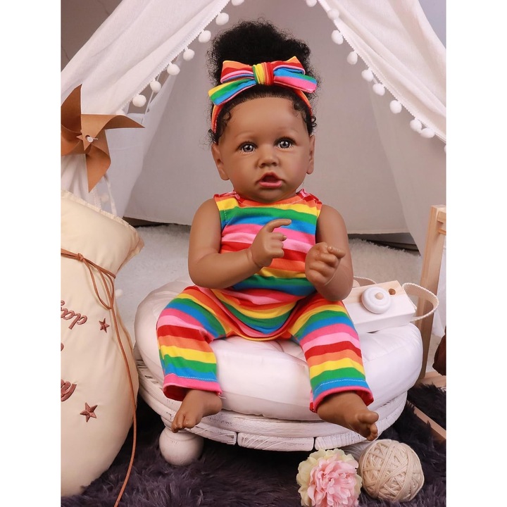 Papusa Reborn 55cm Fetita Afro-Americana, Corp Moale, Ochi Albastri