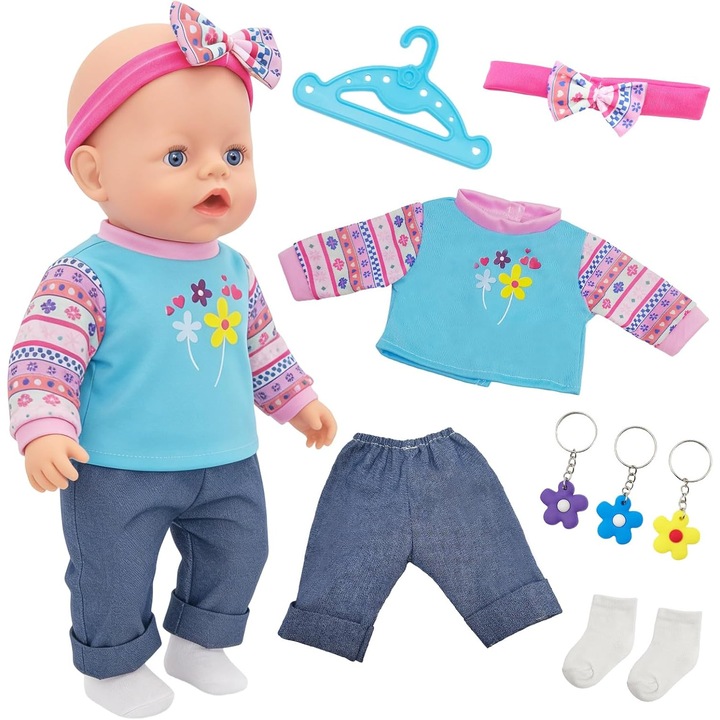 Set 8 Haine Papusi Baby Doll 35-43 cm, Accesorii Florale si Blugi