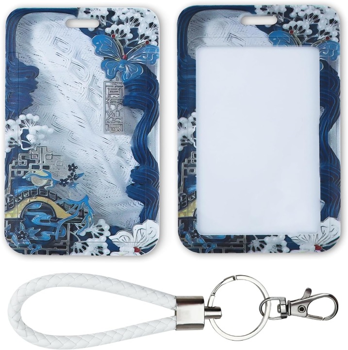 Suport Card Identitate cu Breloc Detasabil, Transparent, Albastru