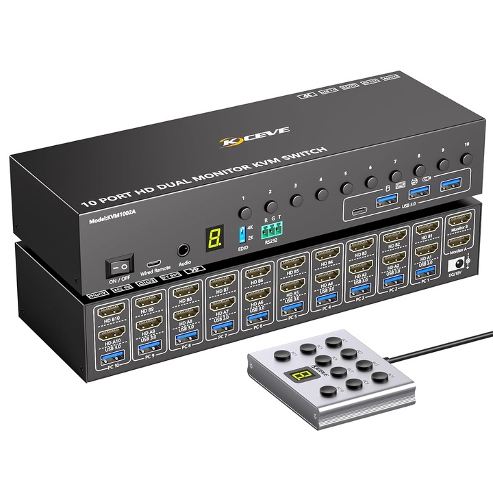 KVM Kapcsoló 10 Port HDMI 2 Monitor 4K@60Hz, 4x USB 3.0