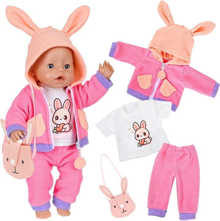Set 5 Groves Papusi 36-43 cm: Iepuras Plus, Jacheta, Pantaloni, Geanta