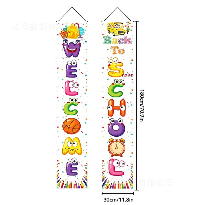 2 db függőleges, iskolakezdési banner szett, könnyű szövet anyag rögzítő hurkokkal, többszínű, 180 x 30 cm darabonként