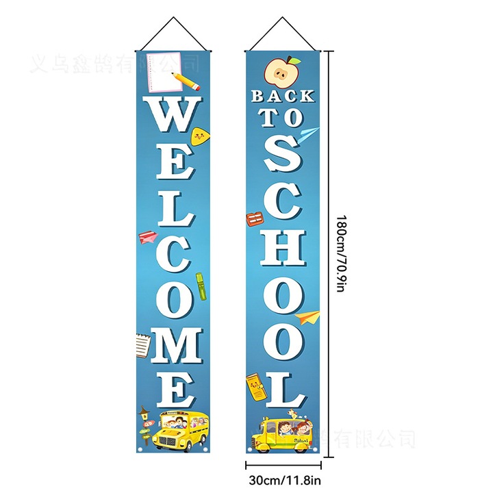 2 db függőleges, felakasztható iskolakezdési banner szett textil anyagból, Welcome/Back to School design, kék, 30 x 180 cm, akasztóhurokkal