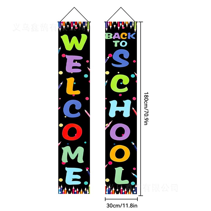 Függőleges dekoratív banner Back to School k0587-260824-539, 2 db-os szett, könnyű textil, akasztóhurokkal, 180 x 30 cm, többszínű