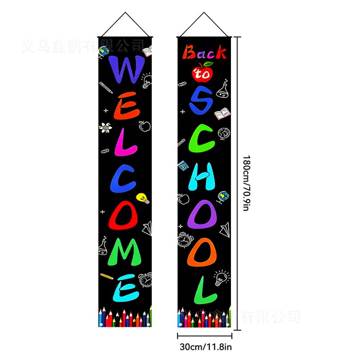 Függőleges bannerek készlete Back to School k0587-260824-535, könnyű és ellenálló textil anyag, hurkok az akasztáshoz, színes design, Többszínű, 2 x 30 x 180 cm