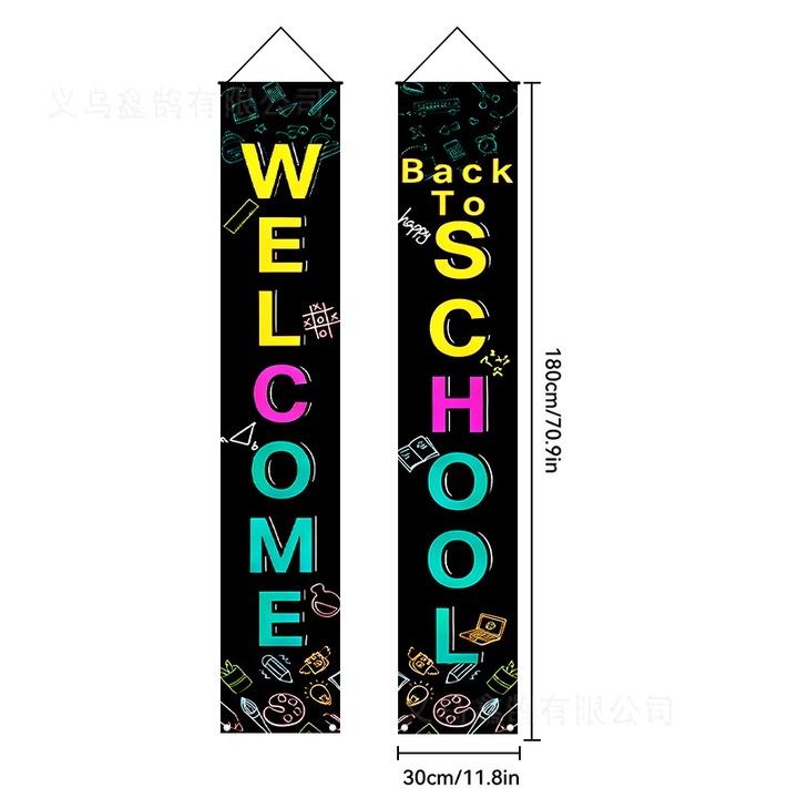 2 db függőleges iskolakezdési banner szett k0587-260824-551, könnyű textil anyag akasztóhurokkal, 180 x 30 cm, fekete többszínű