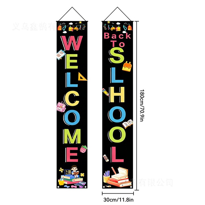 Függőleges dekoratív banner, 2 db-os szett, textil anyagból, back to school/welcome mintával, fekete, 30 x 180 cm