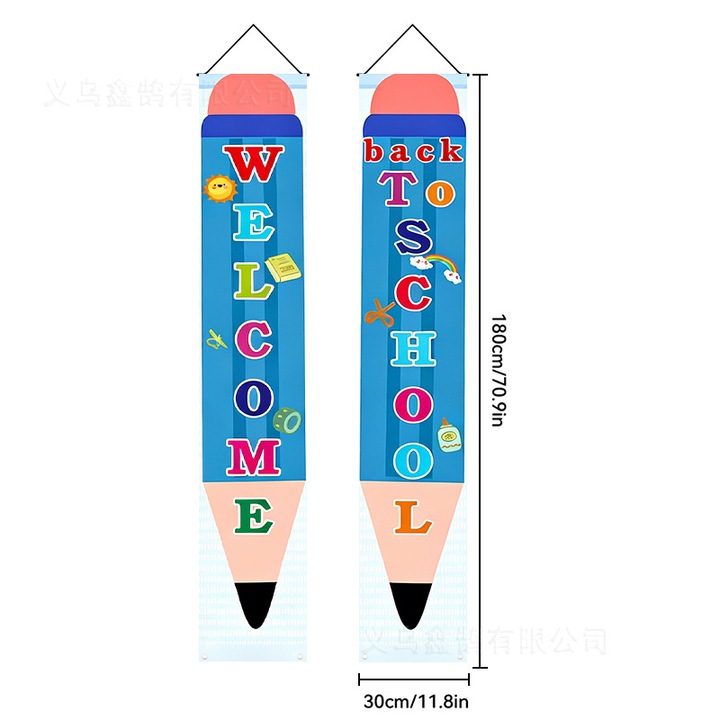 Akasztós szalag Back to School k0587-260824-555, 2 db függőleges banner szett könnyű anyagból akasztóhurokkal, kék, 180 x 30 cm
