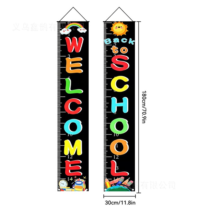 Banner dekoratív függő k0587-260824-557, 2 darab függőleges textil banner szett akasztóhurkokkal és iskolakezdési dizájnnal, többszínű, 180 x 30 cm