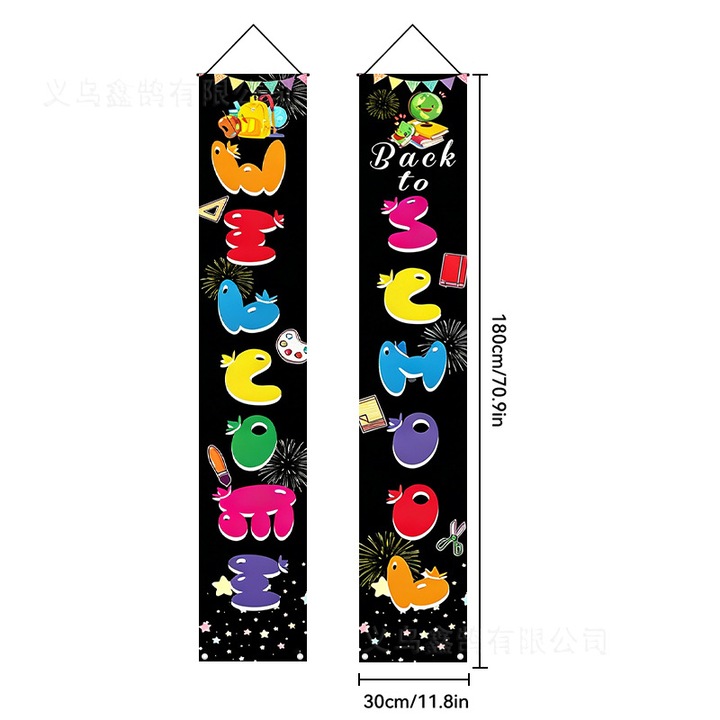 2 db függőleges Back to School banner könnyű textil anyagból, többszínű nyomtatással, egyenként 180 x 30 cm