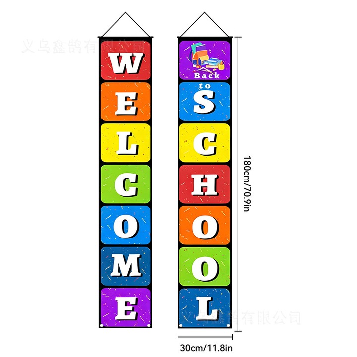 Függőleges banner szett ajtóra, Back to School k0587-260824-547, 2 db, könnyű és tartós textil anyagból, akasztóhurkokkal, többszínű, 180 x 30 cm