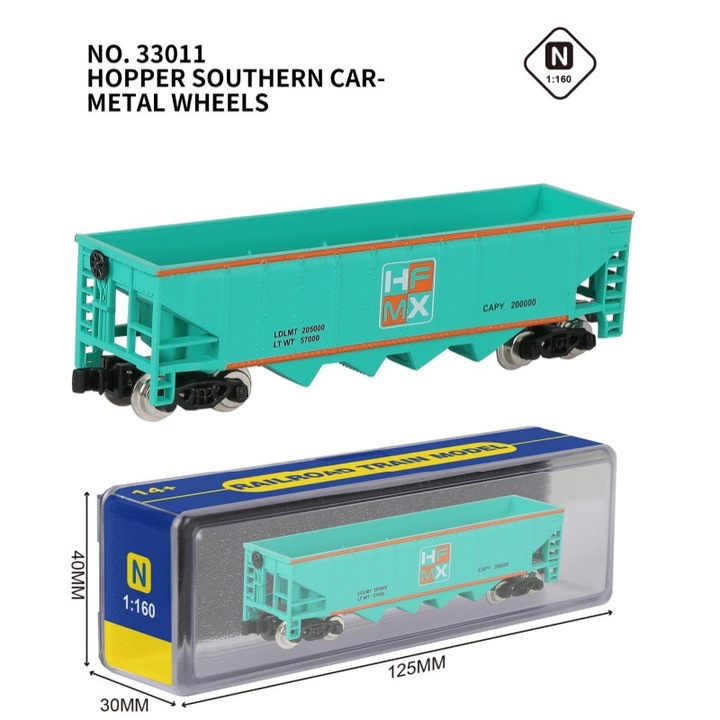 Vagon hopper pentru tren de jucarie model 33011, scara N 1:160, roti metalice, turcoaz
