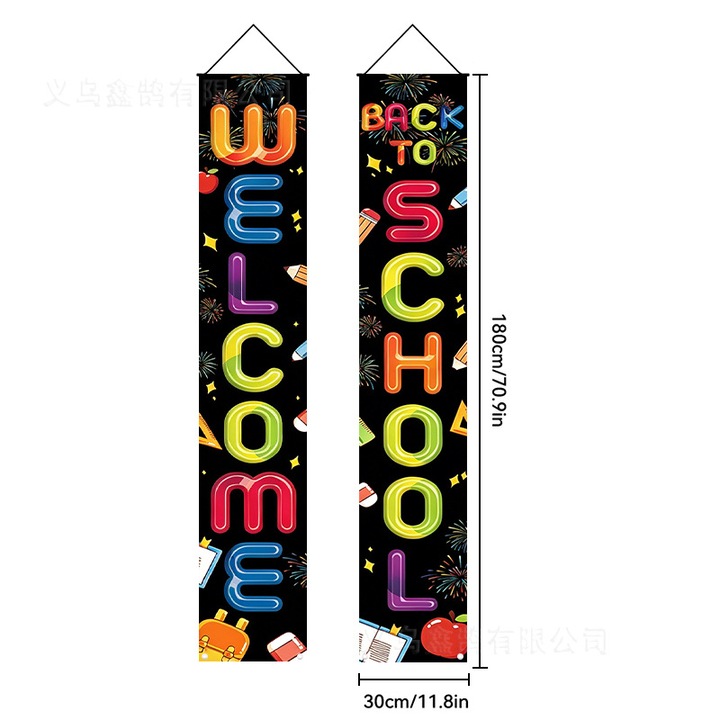 2 db függőleges banner szett iskolakezdésre k0587-260824-559, könnyű textil anyag, színes nyomat, fekete, 30 x 180 cm