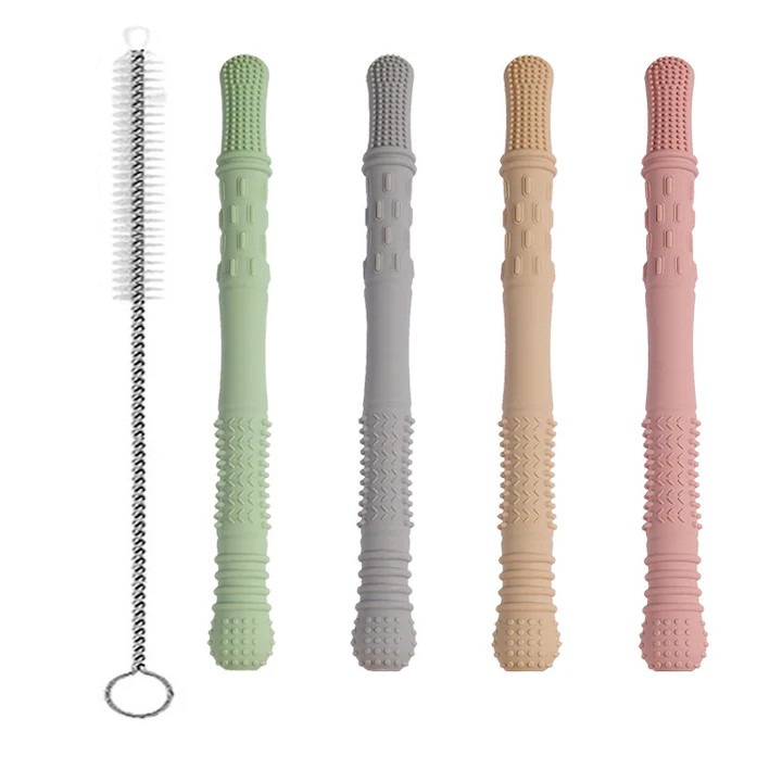 Set 4 jucarii de dentitie din silicon alimentar, fara BPA, 162 mm, multicolor, include perie de curatare