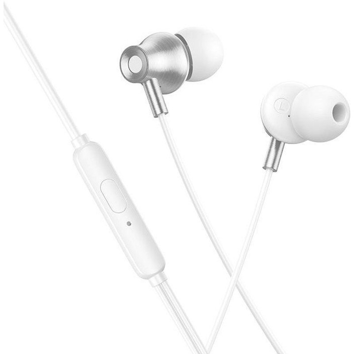 Casti in-ear cu fir Hoco M119, jack 3.5 mm, driver 14 mm, microfon si telecomanda in-line, cablu 1.2 m, alb/argintiu