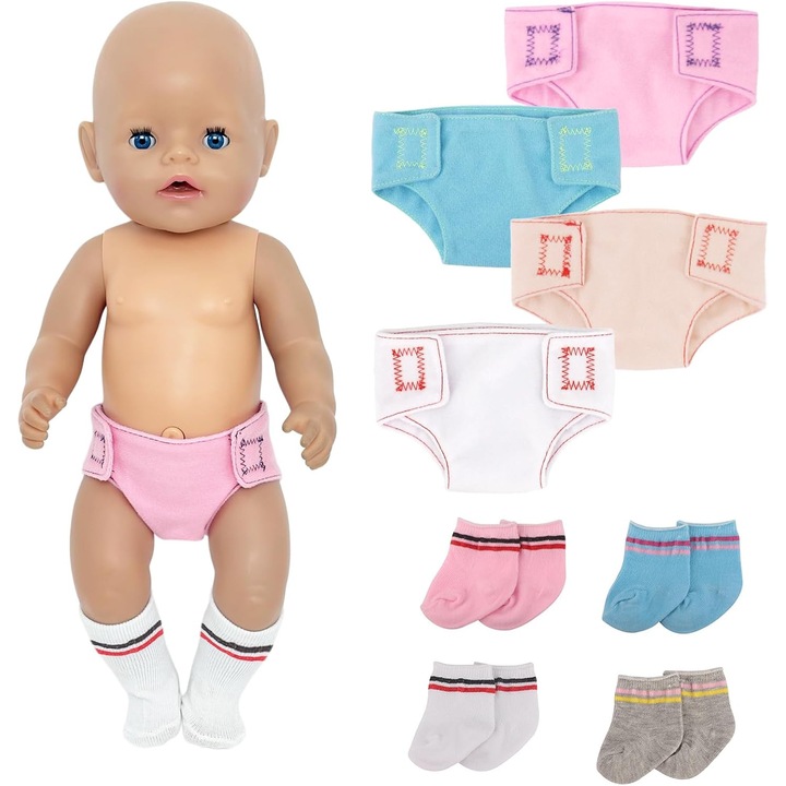 Set 8 Accesorii Papusi: Scutece si Sosete pentru Papusi 30-43 cm