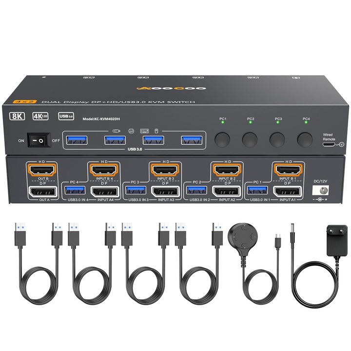 KVM Kapcsoló 8K DP HDMI 4 PC 2 Monitor USB 3.0