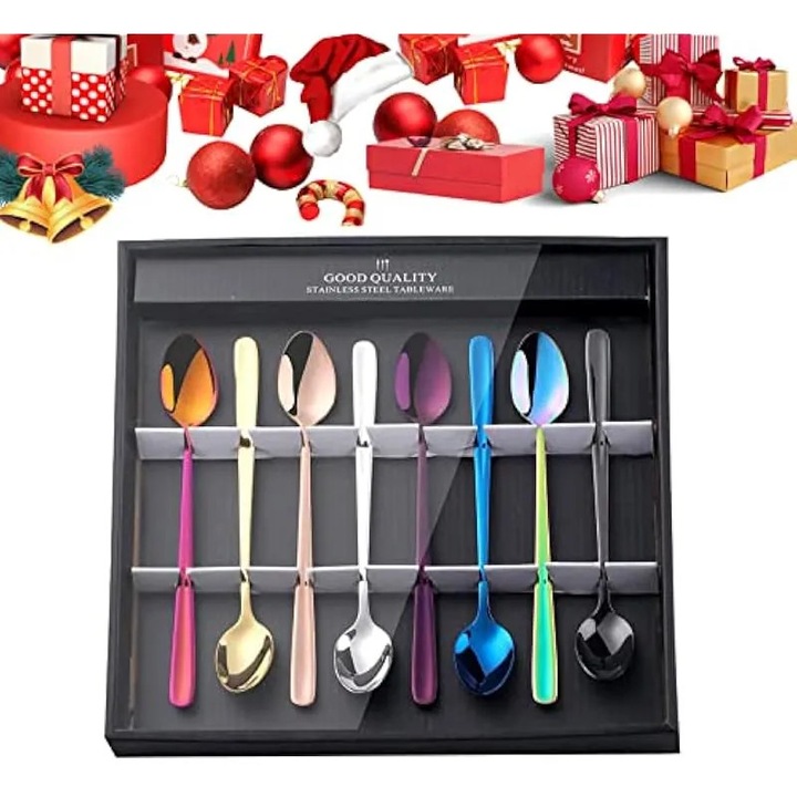 Set de 8 lingurite colorate cu maner lung pentru ceai cu gheata, lingurita pentru ceai cu gheata din otel inoxidabil de 20 cm, lingura pentru inghetata, pentru amestecare, amestecare cocktailuri, ceai, cafea, milkshake, bauturi reci