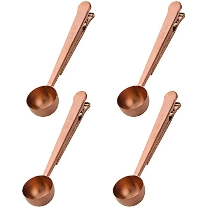 Lingura de cafea din otel inoxidabil 18/8, lingura de masurare a cafelei cu cleme de etansare, clema pentru punga de depozitare a alimentelor, cafea, lapte praf, fulgi de ovaz, ceai, auriu roz