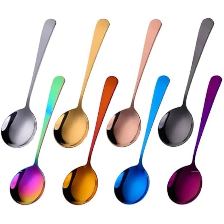 Set de lingurite de supa de 6, 4 inch, lingurite rotunde premium din otel inoxidabil, grele si sigure pentru masina de spalat vase, lingurite rotunde pentru supa si cereale pentru casa, bucatarie, restaurant (8, multicolore)