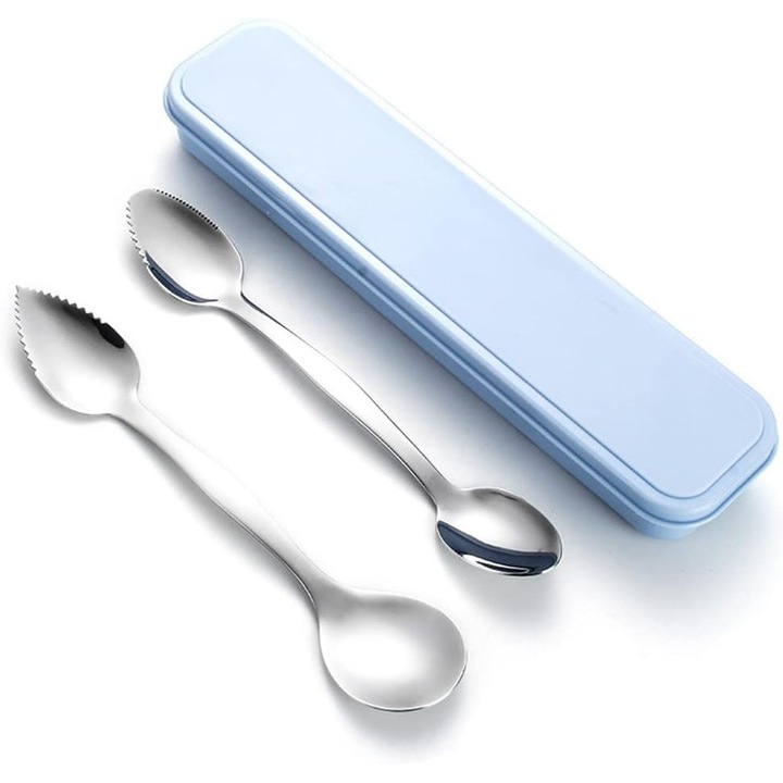 Set 2 Linguri Grapefruit din Inox, cu Serraturi, Cutie Depozitare