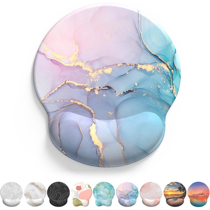 Mouse Pad Ergonomic cu Gel, Suport Incheietura, Anti-Alunecare, Design Marmorat Albastru