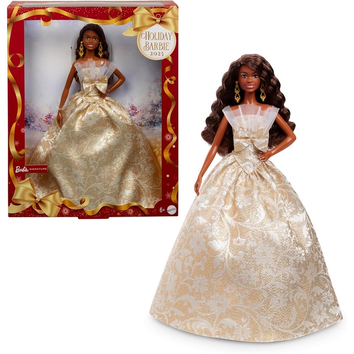 Barbie Colectie 2025 - Par Negru, Rochie Argintiu-Auriu, Editie Festiva