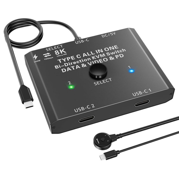 USB-C 2:1 KVM kapcsoló 4K@120Hz, 100W PD, 10Gbps