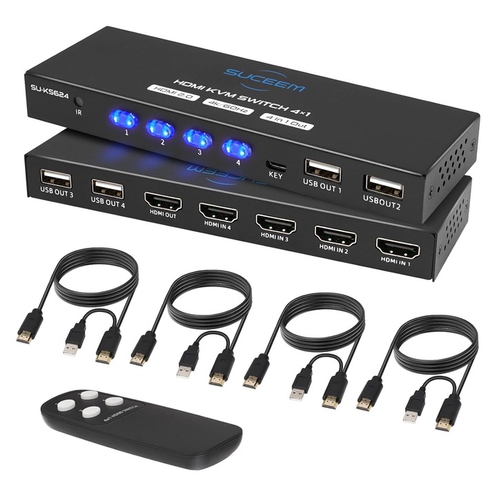 KVM HDMI 4K@60Hz kapcsoló 4 számítógéphez, 1 monitorhoz