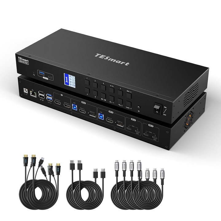 TESmart KVM kapcsoló 4 PC 2 monitor 4K@60Hz USB-C DP HDMI
