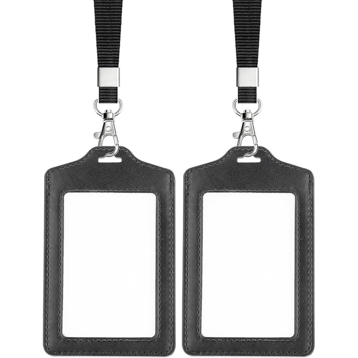 Set 2 Suport Card Identitate Dublu Fata cu Snur, Transparent, Negru
