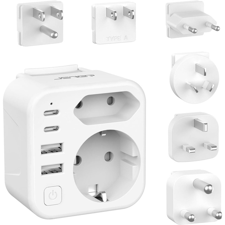 Adaptor Universal Calatorie 6 in 1 cu 4 Porturi USB, Alb