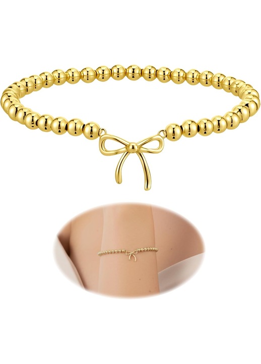Bratara Dama Aur 18k Placata, 15cm, Perle Aurii Elastice cu Fundita